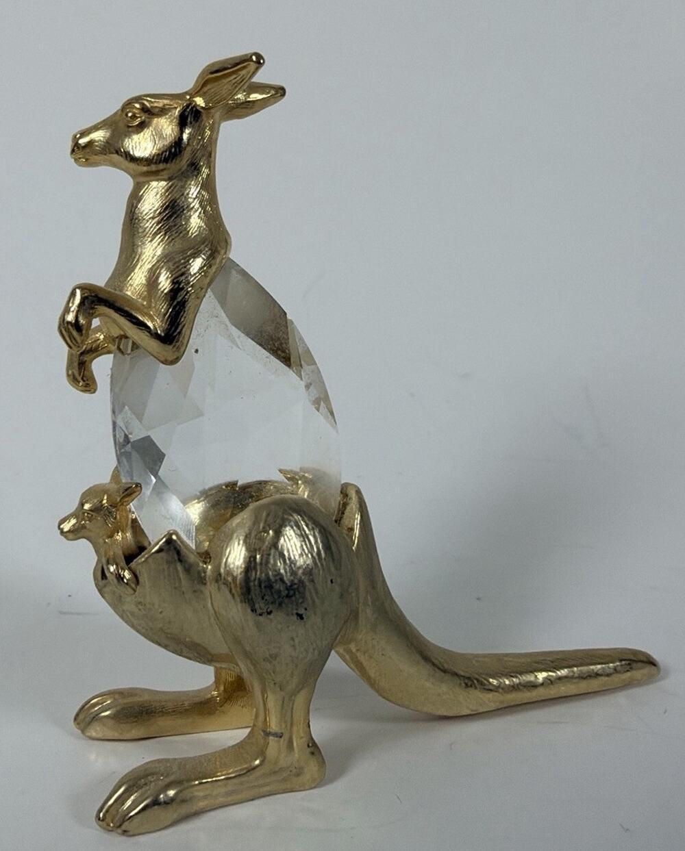 Vtg Manon 1984 Swarovski Crystal Kangaroo & Joey Figurine Gold Tone 3"